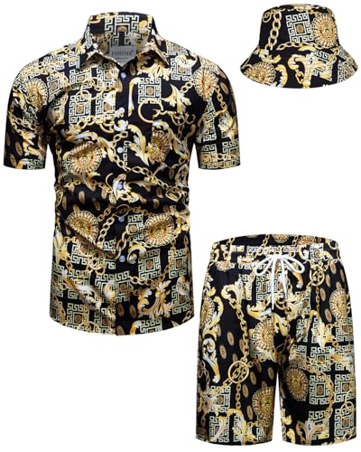fohemr Herren barock 2-Teiliges Outfit Golden Chain Muster Schwarz Hemd shorts mit Eimerhut Freizeitanzug Sommer Urlaub Strand set 4X-Large von fohemr
