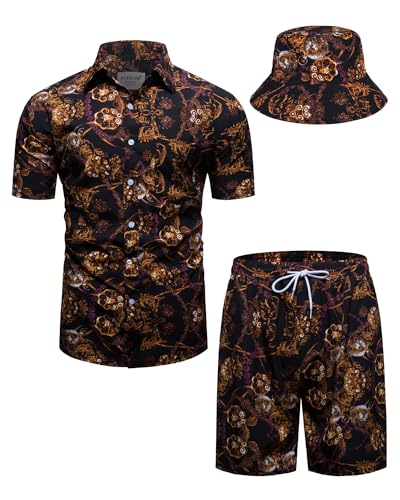 fohemr Herren barock 2-Teiliges Outfit Golden Chain Muster Schwarz Hemd shorts mit Eimerhut Freizeitanzug Sommer Urlaub Strand set XX-Large von fohemr