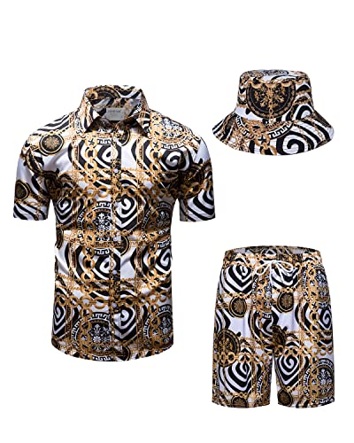 fohemr Herren barock 2-Teiliges Outfit Golden Chain Muster Weiß Hemd shorts mit Eimerhut Freizeitanzug Sommer Urlaub Strand set 4X-Large fohemr Herren barock 2-Teiliges Outfit Golden Chain Muster Weiß Hemd shorts mit Eimerhut Freizeitanzug Sommer Urlaub Strand set 4X-Large von fohemr