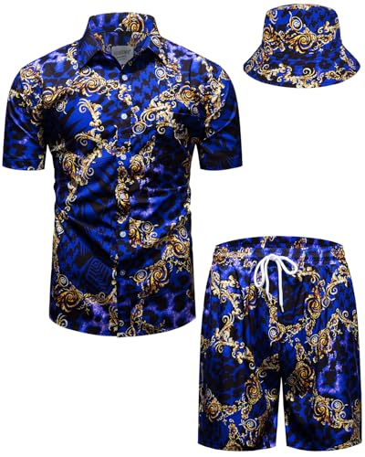 fohemr Herren barock 2-Teiliges Outfit Leopard Muster Lila Hemd shorts mit Eimerhut Freizeitanzug Sommer Urlaub Strand set Medium von fohemr