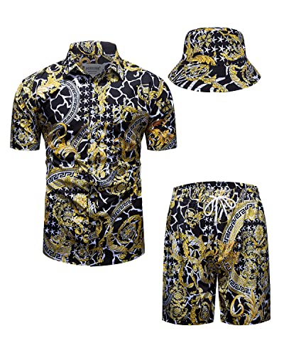 fohemr Herren barock 2-Teiliges Outfit Luxuriöse Muster Schwarz Hemd shorts mit Eimerhut Freizeitanzug Sommer Urlaub Strand set 3X-Large von fohemr