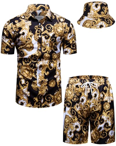 fohemr Herren barock 2-Teiliges Outfit Luxuriöse Muster Schwarz Hemd shorts mit EimerhutFreizeitanzug Sommer Urlaub Strand set 3X-Large von fohemr