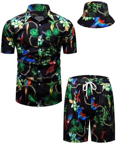 fohemr Herren barock 2-Teiliges Outfit Papagei Golden Chain Muster Schwarz Hemd shorts mit Eimerhut Freizeitanzug Sommer Urlaub Strand set Medium von fohemr