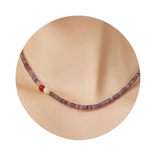 Natürliche Amethyst-Halskette für Frauen und Mädchen, asymmetrisches Design, handgefertigte zierliche Amethyst-Halskette mit roten Achat- und Kristallperlen (verstellbare Größe 15,7+2'') von fooind