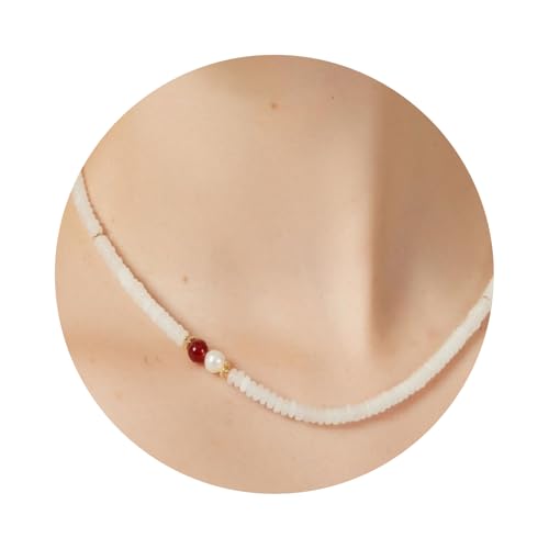 fooind Natürliche Weiße Jade-Halskette für Damen & Mädchen, Handgefertigte Zierliche Chinesische Weiße Aventurin-Jade Choker Perlenkette mit Rotem Achat & Kristallperlen (Verstellbare Größe 40cm+5cm) fooind Natürliche Weiße Jade-Halskette für Damen & Mädchen, Handgefertigte Zierliche Chinesische Weiße Aventurin-Jade Choker Perlenkette mit Rotem Achat & Kristallperlen (Verstellbare Größe 40cm+5cm) von fooind