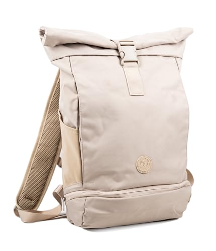 for you Rolltop Rucksack beige 15-21L | Nachhaltig & Wasserabweisend | Damen & Herren – Mit Laptopfach für Schule & Uni, Schuhe, Business Fitness, Handgepäck | mit Rückenpolster | Daypack 40,5cm von for you