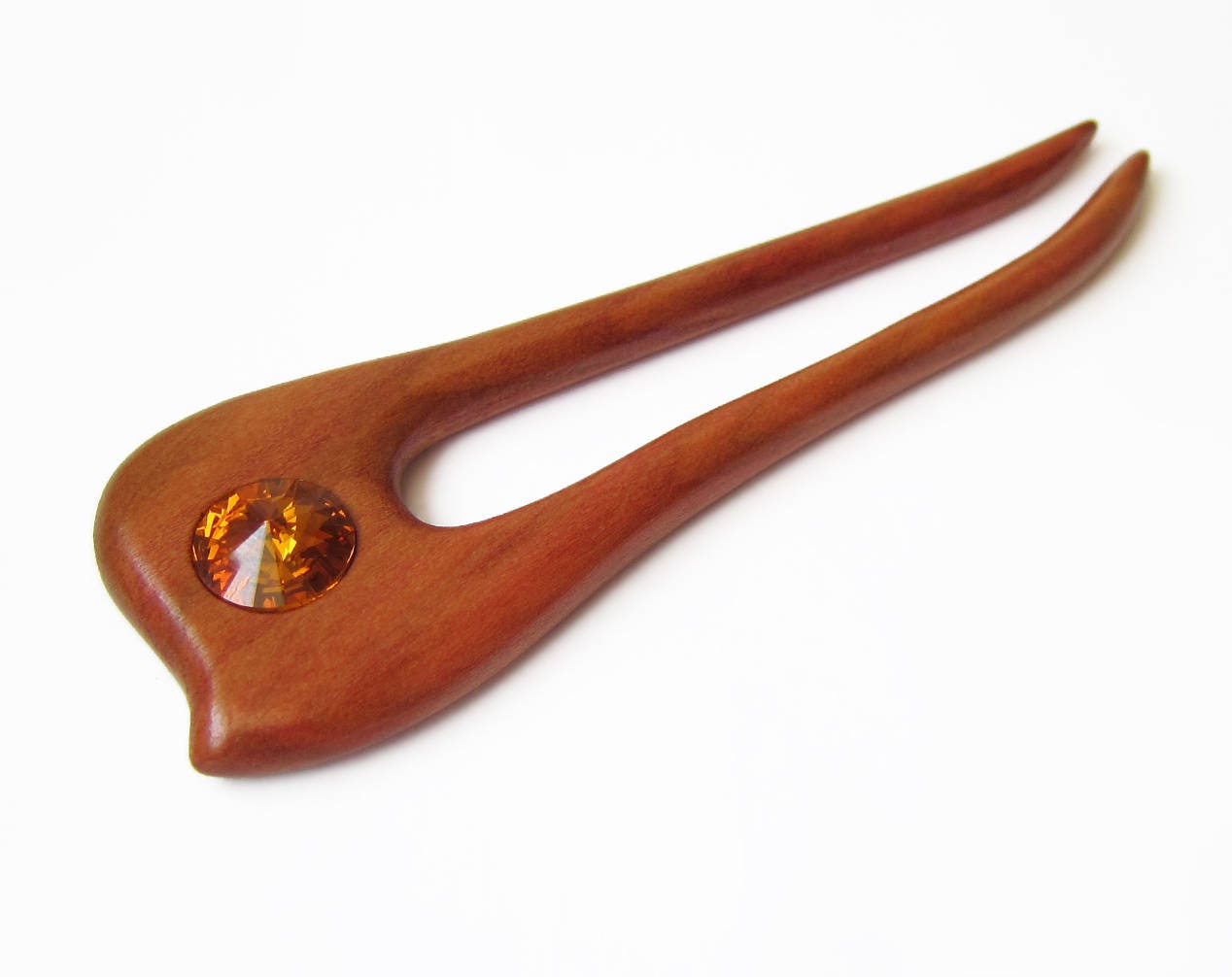 Holz Forke, Haarforke, Holz, Haarstab, Pflaumenholz, Swarovski Cabochon, Orange Swarovski, Orange von forEVAhairforks