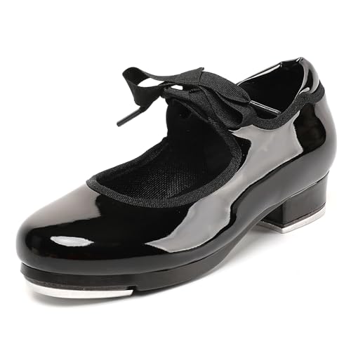 foralod Tap Shoes for Girls Boys Unisex Kids Tap Dance Shoes for Toddler Lace Up Mary Jane Tap Shoes, Schwarz, 10.5 Little Kid von foralod