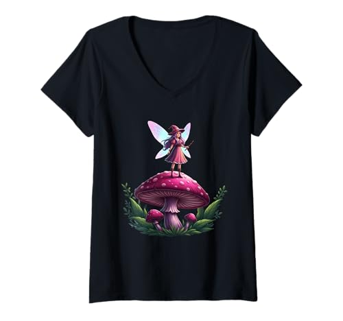 Damen Waldfee auf Pilz Fantasy T-Shirt mit V-Ausschnitt Damen Waldfee auf Pilz Fantasy T-Shirt mit V-Ausschnitt von forest fairy mushroom fantasy toadstool haunted
