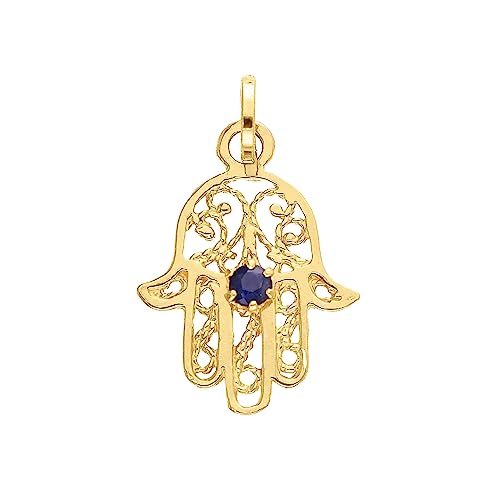 forme di Lucchetta - 14k Gelbgold Anhänger mit Hand der Fatima/Hamsa mit Saphir, Goldanhänger Damen Mädchen 585 Echtgold für Kette (bis zu 4 mm) - hergestellt in Italien von forme di Lucchetta