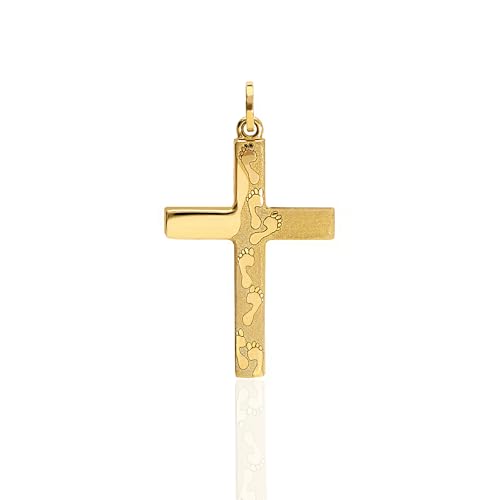 forme di Lucchetta - Christliche Kreuz-Anhänger Gold mit Gottes Fußabdrücke auf Sand - 14 karat Gelbgold, Goldanhänger Damen Mädchen 585 Echtgold für Kette (bis zu 4 mm) - hergestellt in Italien von forme di Lucchetta