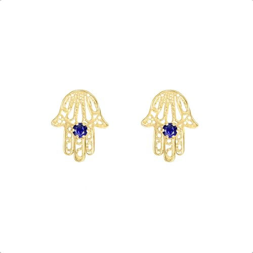 Lucchetta - Lobe Ohrringe aus 14k Gelbgold mit Hand der Fatima/Hamsa mit natürlichem blauem Saphir | Gold Ohrringe Damen 585 Echtgold | Hochwertiges Schmuck hergestellt in Italien von forme di Lucchetta