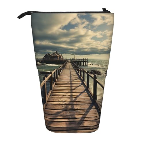 forurdeals Teleskop-Federmäppchen mit Coastal Pier Print, tragbarer Stifthalter, Schreibwaren, Stehendes Federmäppchen, Organizer, Reißverschluss, großes Federmäppchen, Schwarz , Einheitsgröße, von forurdeals