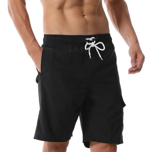 fovdtaa Herren-Badehose, Herren-Badeshorts mit Kompressionsfutter, schnell trocknend, dehnbar, 2-in-1-Boardshorts mit Reißverschlusstaschen, Schwarz , XL von fovdtaa