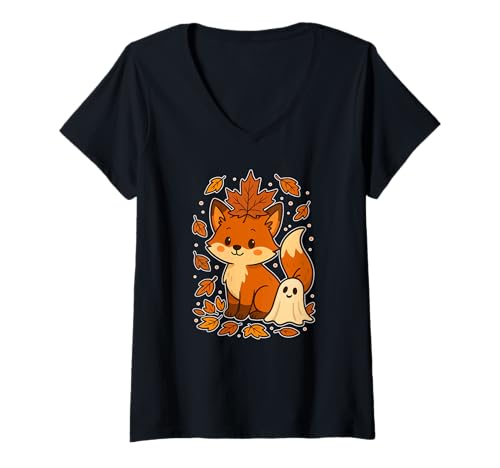Damen Fuchs mit kleinem Geist und Blättern T-Shirt mit V-Ausschnitt Damen Fuchs mit kleinem Geist und Blättern T-Shirt mit V-Ausschnitt von fox little ghost autumn leaves cute halloween