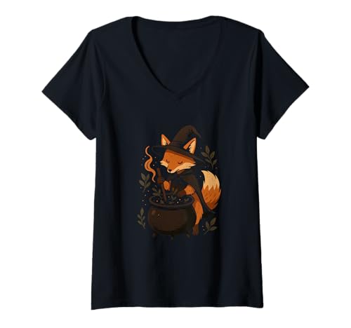 Damen Witch Fox Rührkessel T-Shirt mit V-Ausschnitt Damen Witch Fox Rührkessel T-Shirt mit V-Ausschnitt von fox witch cauldron herbs halloween halloween