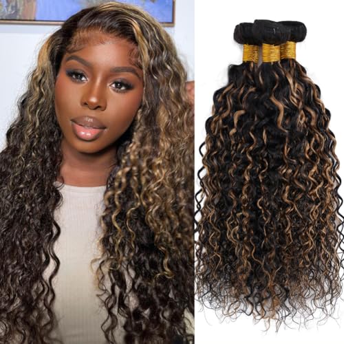 Highlight Ombre Water Wave 3 Bündel Echthaar Honigbraun Balayage Virgin Echthaar Bundle Double Weft Water Curly Wave Bundles für schwarze Frauen nass und gewellt 3 Bündel (1b/27,20 22 24 Zoll) von fraisbelle