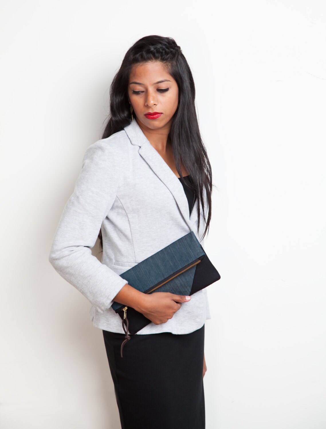 Neu Denim & Schwarze Pendleton Wolle Clutch Geldbörse, Moderne Foldover Clutch, Messing Reißverschluss, Leder Pull, Brautjungfer Geschenk von frankieandcocopdx