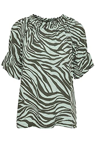 fransa FRALZEBRA Damen Lange Bluse 3/4-Arm mit U-Boot Ausschnitt 100% Viskose EcoVero elastischer Bund mit Rüschen an Ausschnitt und Ärmelsaum, Größe:2XL, Farbe:Green Animal Mix (200743) von fransa