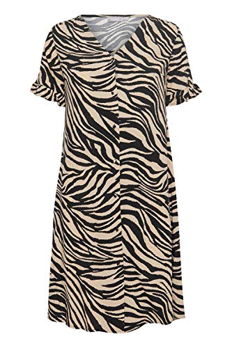fransa FRALZEBRA Damen Freizeitkleid Kleid mit Knopfleiste und Rüschen am Ärmelabschluss und Muster, Größe:XL, Farbe:Sand Animal Mix (200745) von fransa
