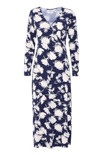 fransa FRAlana Damen Kleid Maxikleid Langes Freizeitkleid mit V-Auschnitt Seitenschlitze am Saum Gemustert elastisch Regular fit, Größe:XL, Farbe:Navy Blazer AOP MA24 01C (204302) von fransa