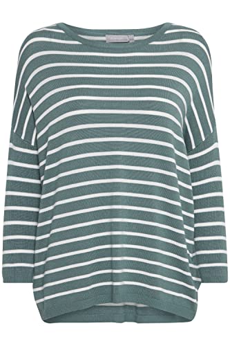 fransa FRBLUME Damen Strickpullover Feinstrick Pullover mit U-Boot-Ausschnitt und 3/4 Ärmeln wahlweise mit Streifenmuster, Größe:2XL, Farbe:Dark Forest Mix (201367) von fransa