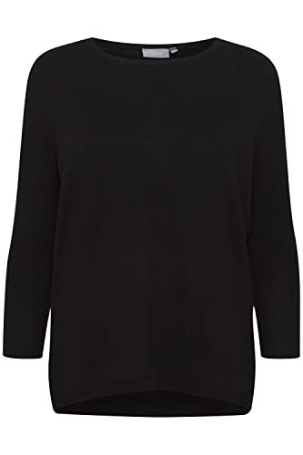 fransa FRBLUME Damen Strickpullover Feinstrick Pullover mit U-Boot-Ausschnitt und 3/4 Ärmeln wahlweise mit Streifenmuster, Größe:L, Farbe:Black (200113) von fransa