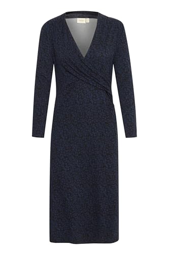fransa FRCerica Damen Kleid Jerseykleid Freizeitkleid mit V-Ausschnitt elastisch Regular fit, Größe:L, Farbe:Black Navy Mix AOP MA24 02F (204304) von fransa