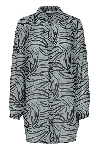 fransa FRDALILY Damen Langarmshirt Langarmbluse Bluse Hemdbluse mit Stehkragen Langer Schnitt mit Knopfleiste, Größe:XL, Farbe:Abyss Mix (201028) von fransa