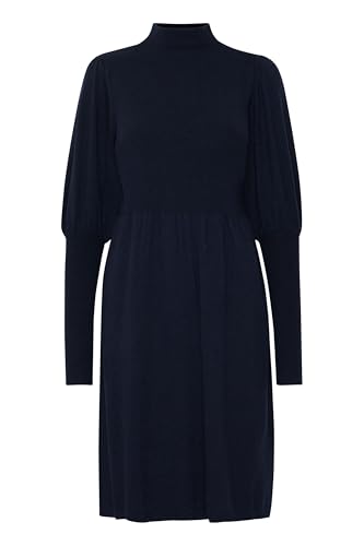 fransa FRDEDINA Damen Kleid Strickkleid Feinstrickkleid Midikleid mit Stehkragen und Puffärmeln A-Form, Größe:L, Farbe:Dark Peacoat (194010) von fransa