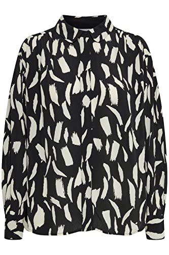 fransa FRGETO SH Damen Langarmshirt Langarmbluse Bluse Hemdbluse mit Stehkragen Allover-Print verlängertes Rückenteil Regular Fit, Größe:XL, Farbe:Black Mix (200115) von fransa