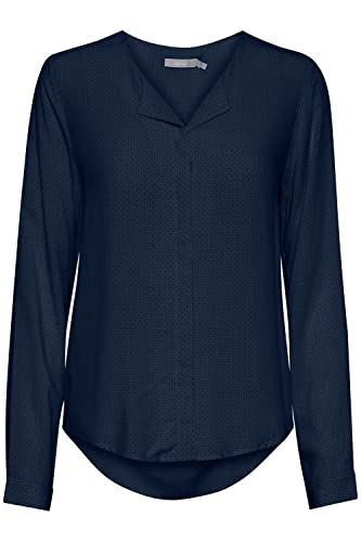 fransa FRHAZAVISK Damen Langarmshirt Langarmbluse Bluse Hemdbluse mit V-Ausschnitt mit verdeckter Knopfleiste und Print Muster, Größe:XL, Farbe:(NOOS) Dark Peacoat (60468) von fransa