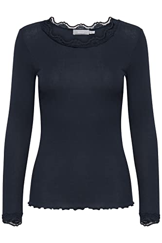 fransa FRHIZAMOND 2 Damen Longsleeve Langarmshirt Shirt Spitzendetails an den Ärmeln Saum Kragen Tight Fit mit Stretch, Größe:XS, Farbe:(NOOS) Dark Peacoat (60468) von fransa