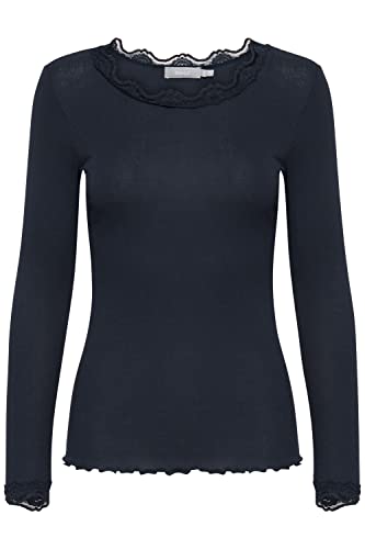 fransa FRHIZAMOND 2 Damen Longsleeve Langarmshirt Shirt Spitzendetails an den Ärmeln Saum Kragen Tight Fit mit Stretch, Größe:L, Farbe:(NOOS) Dark Peacoat (60468) von fransa