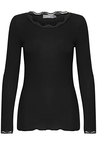 fransa FRHIZAMOND 2 Damen Longsleeve Langarmshirt Shirt Spitzendetails an den Ärmeln Saum Kragen Tight Fit mit Stretch, Größe:L, Farbe:(NOOS) Black (60096) von fransa
