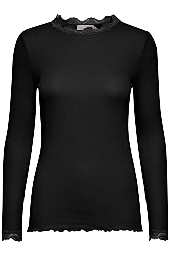fransa FRHIZAMOND 8 Damen Longsleeve Langarmshirt Shirt Spitzendetails an den Ärmeln Saum Kragen Tight Fit mit Stretch, Größe:L, Farbe:Black (200113) von fransa