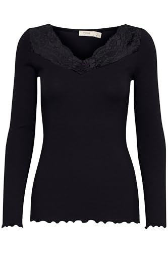 fransa FRHIZAMOND Damen Longsleeve Langarmshirt Basic Shirt mit Spitze V-Ausschnitt Slim fit, Größe:L, Farbe:Black (200113) von fransa