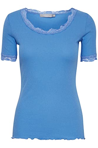 fransa FRHIZAMOND Damen T-Shirt Kurzarm Shirt Rundhalsausschnitt Spitzendetails an den Ärmeln und Kragen Tight Fit mit Stretch, Größe:2XL, Farbe:Marina (174041) von fransa