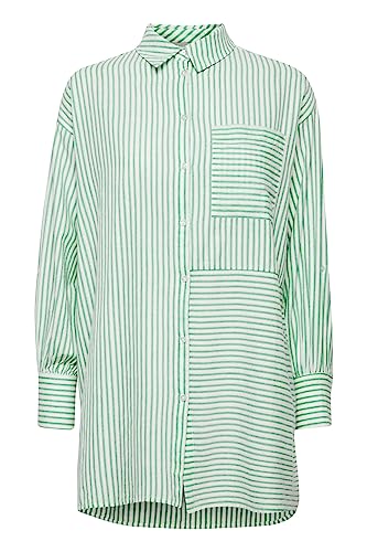 fransa FRKAJA SH 2 Damen Tunika Langarmshirt Langarmbluse Bluse Hemdbluse mit Stehkragen Langer Schnitt mit Knopfleiste gestreift Oversize aus 100% Baumwolle, Größe:M, Farbe:Holly Green Mix (201786) von fransa