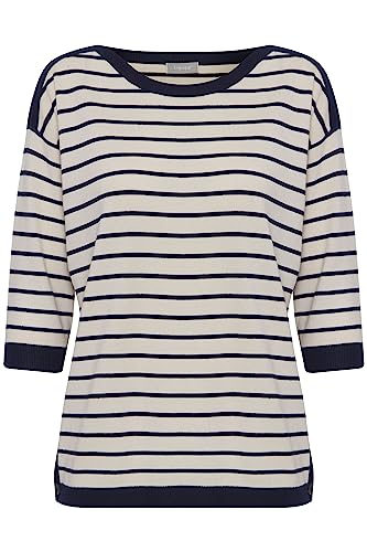 fransa FRLILLI Damen Strickpullover Feinstrick Pullover mit U-Boot-Ausschnitt und seitlichen Knopfleisten und 3/4 Ärmeln, Größe:M, Farbe:Navy Blazer Mix (200119) von fransa