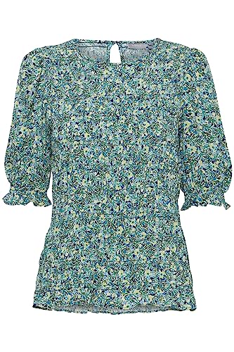 fransa FRMALU Damen Kurze Bluse mit Raffungen am Körperbereich und Rüschen an den Ärmeln, Größe:XL, Farbe:Forest Shade MS23 Leaf Flower (202308) von fransa