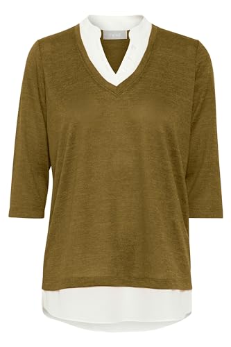 fransa FRREXAN Damen Strickpullover Feinstrick Pullover V-Auschnitt mit angesetztem Kragen und Saum, Größe:XL, Farbe:Rifle Green Melange (1904191) von fransa