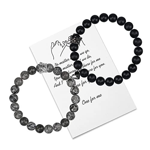 Crown Couple Love Heart Magnetische Perlenarmbänder mit Herzanziehungsglocke Gegenseitige Armbänder Paargeschenke für Freund Freundin Seine Frau Männer Freundschaft (Black-Grey) von free-space