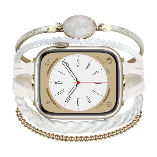 Perlen-Boho-Armband für Apple Watch-Band, kompatibel mit 9, 8, 7 SE, Serie 6/5/4, Damen-Leder, handgefertigt, mehrschichtig gewickeltes Uhrenarmband für iWatch-Bänder 3/2/1 (38mm/40mm/41mm, White) von free-space