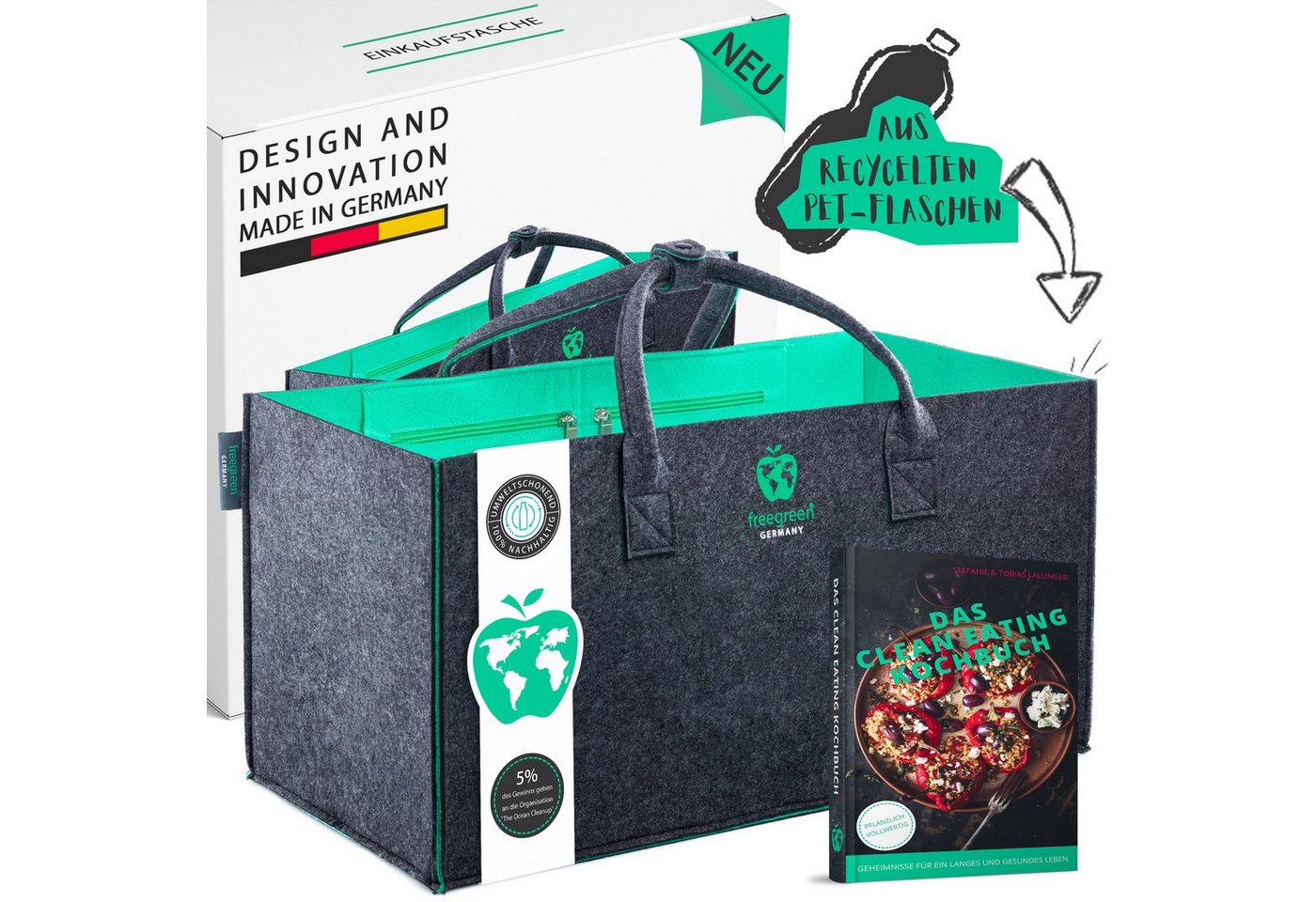 freegreen® Einkaufskorb PREMIUM« Einkaufstasche aus recycelten PET-Flaschen I 100% nachhaltig, & umweltschonend I Inklusive 'Das Clean Eating Kochbuch' von freegreen®