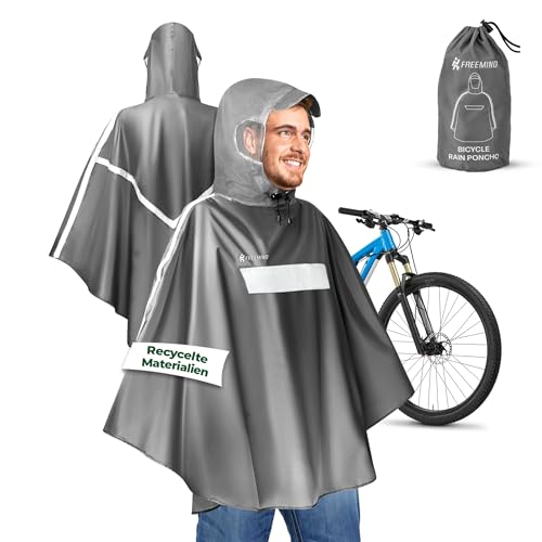 freemind® Fahrrad Regenponcho aus recyceltem Material - Fahrradponcho wasserdicht, winddicht, atmungsaktiv - Unisex Regencape mit Reflektor - grau, Größe S von freemind