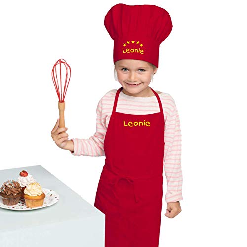 freitex Kinderschürze + Kochmütze mit und ohne Druck des Names (Rot, Latzschürze + Mütze bedruckt) von freitex