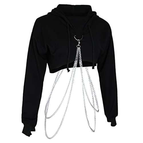 freneci Damen Hoodie Crop Top Langarmshirt Pullover Sweatshirt mit Kette bauchfreies Oberteil - Schwarz, L von Freneci