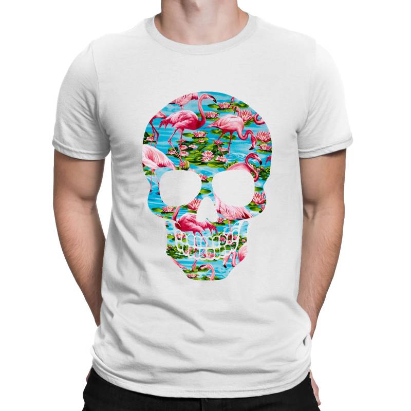 Flamingo Tropical Gemustertes Totenkopf T-Shirt - Herren Damen Und Kinder Größen von freshnoveltees