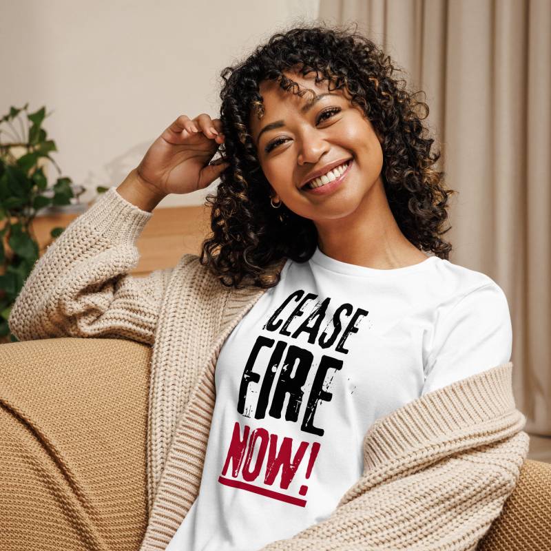 Waffenstillstand Jetzt T-Shirt Damen Frieden Kleidung Aktivismus Protest Stoppt Gewalt Anti Krieg Mode Konflikt Globales Bewusstsein Umwelt von friedify4you